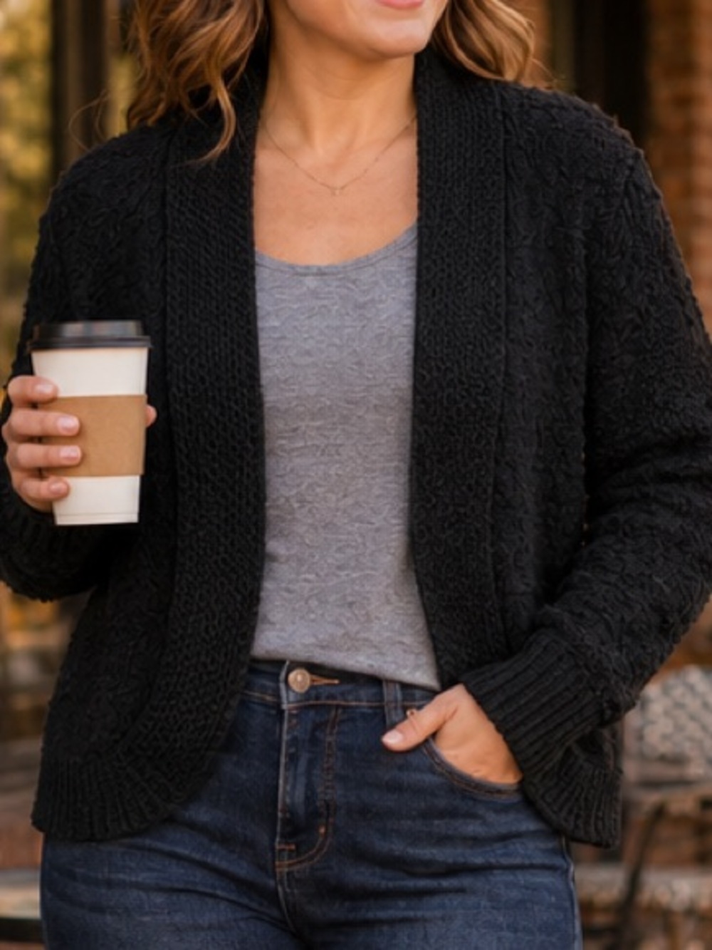 Fashion Black Textured Open Front Cardigan Sweater Cozy Boucle Knit NWT Size S